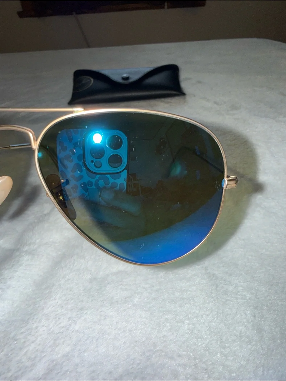 Ray-Ban Gold Frame Aviator Sunglasses with Blue Mirror Lenses